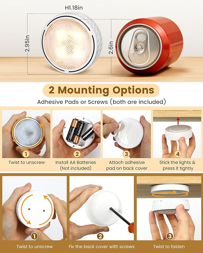 Under Cabinet Lighting, Battery Operated LED Puck Lights with Remote & Timer, Warm White & RGB Color Changing Stick on Tap Push Light for Kitchen Counter, Shelf, Display Case, 1 Pack, White