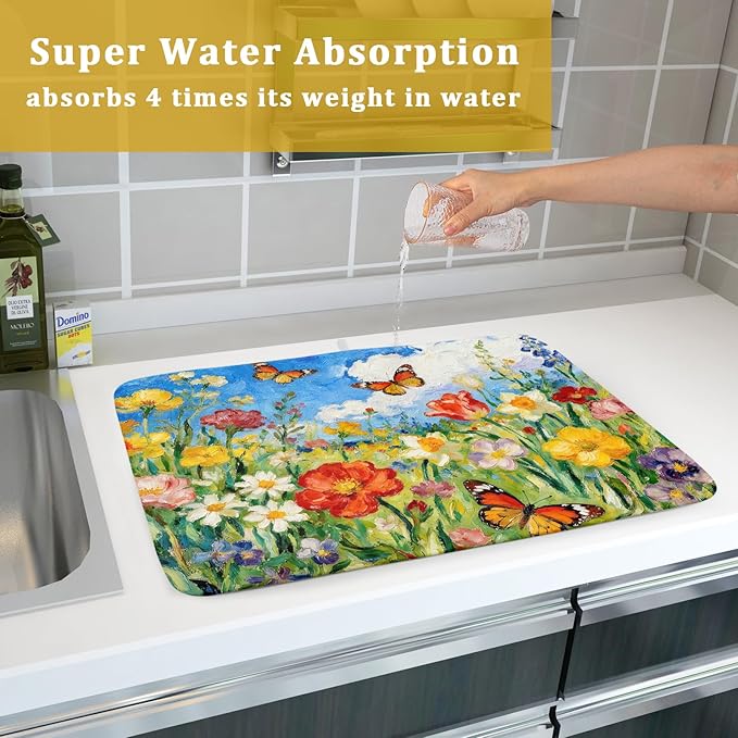 Cute Floral Dish Drying Mat for Kitchen Counter 18x24, Spring Summer Decorative Absorbent Reversible Microfiber Kitchen Countertop Protector Dishes Drainer Pad, Watercolor Flower Butterfly - Image 7