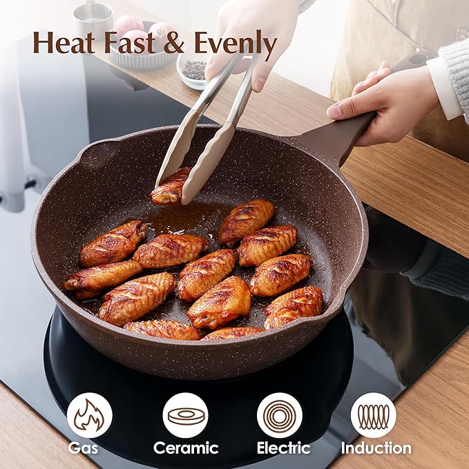 SENSARTE Nonstick Deep Frying Pan Skillet, 12-inch Saute Pan with Lid, Stay-Cool Handle, Healthy Cookware Cooking Pan with Cover, Induction Compatible (Toffee Brown) - Image 3