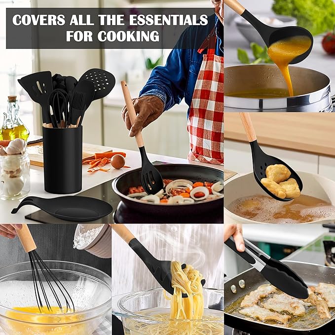 E-far Black Kitchen Utensils Set with Holder, 25-Piece Silicone Cooking Utensil Set with Wooden Handle for Nonstick Cookware, 446°F Heat Resistant Kitchen Tool Spatula Tongs Whisk, Non-toxic & Healthy - Image 4