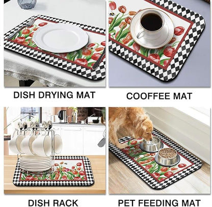 Dish Drying Mat for Kitchen Counter 2 Pack with Non-Slip Rubber Backing - Heat-Resistant Absorbent Coffee Bar Mat, Dish Rack Mat, Tulips Dish Drying Mats 18x24+19.5x12 inch