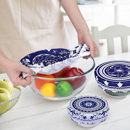 5 Pieces Bowl Covers Reusable, 5 Multi-Size Elastic Cloth Fabric Bowl Covers for Bread Proofing Stretch Food Covers Washable for Food Fruits Leftover (Blue) - Image 3