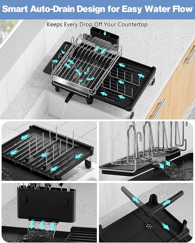 Expandable Dish Drying Rack, Dish Racks for Kitchen Counter, Stainless Steel 304, Flip-Top Retractable Plate, Multi-Directional Adjustable Dish Rack, Space Saving Large Drying Rack Kitchen, Black - Image 3