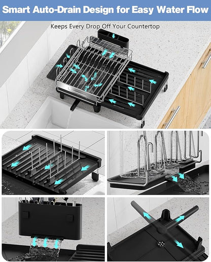 Expandable Dish Drying Rack, Dish Racks for Kitchen Counter, Stainless Steel 304, Flip-Top Retractable Plate, Multi-Directional Adjustable Dish Rack, Space Saving Large Drying Rack Kitchen, Black - Image 3