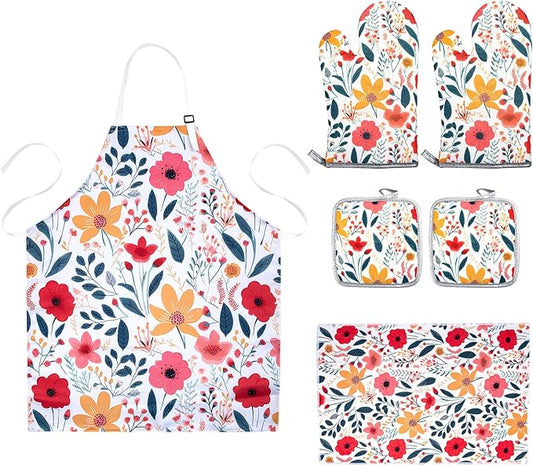 6 Pcs Kitchen Stuff Accessories,Kitchen Oven Mitts and Pot Holders Sets with Microfiber Kitchen Towel and Cooking Kitchen Aprons for Women,Gifts for Women