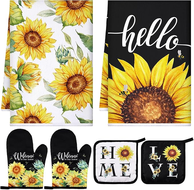Leinuosen 6 Classic Sunflower Kitchen Towels Kitchen Decor and Accessories Set Floral Plant Oven Mitts and Pot Holders Sets Farmhouse Absorbent Dish Towels for Cooking Baking Grilling by Leinuosen
