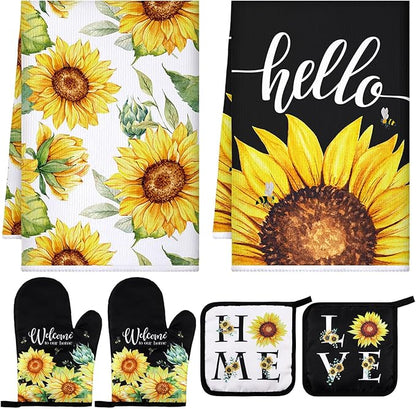 Leinuosen 6 Classic Sunflower Kitchen Towels Kitchen Decor and Accessories Set Floral Plant Oven Mitts and Pot Holders Sets Farmhouse Absorbent Dish Towels for Cooking Baking Grilling by Leinuosen