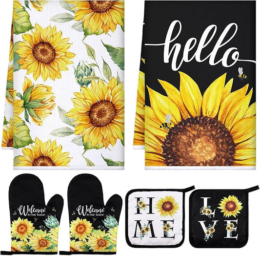 Leinuosen 6 Classic Sunflower Kitchen Towels Kitchen Decor and Accessories Set Floral Plant Oven Mitts and Pot Holders Sets Farmhouse Absorbent Dish Towels for Cooking Baking Grilling by Leinuosen