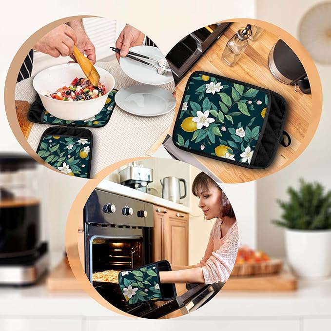 Dark Green Lemon Floral Pot Holders with Pockets, Rustic Botanical Lemon Fruit Oven Pot Holders Heat Resistant Oven Mitts Hot Pads for Kitchen Baking Cooking