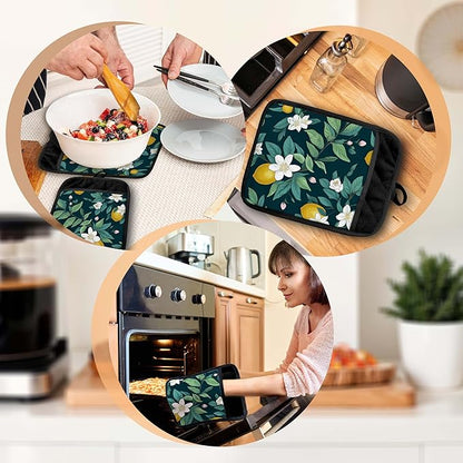 Dark Green Lemon Floral Pot Holders with Pockets, Rustic Botanical Lemon Fruit Oven Pot Holders Heat Resistant Oven Mitts Hot Pads for Kitchen Baking Cooking