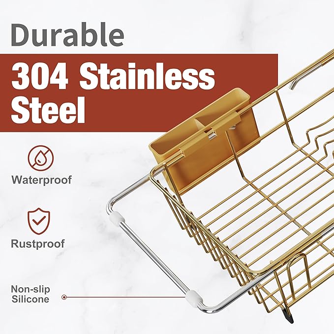 JASIWAY Gold in Sink Dish Drying Rack, Expandable Stainless Steel Small Dish Rack Over Kitchen Sink, Plate Drainer Strainer with Cutlery Holder & Cup Holders, Counter Space Saving Wire Dryer Rack - Image 3