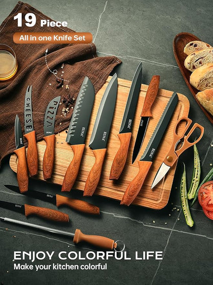 EUNA Knife Block Set, 19 PCS Kitchen Knife Set with Acrylic Block and Sharpener, German High-Carbon Stainless Steel Knife Sets with 6 Serrated Steak Knives, Bread Knife, Chef Knife, Dishwasher Safe