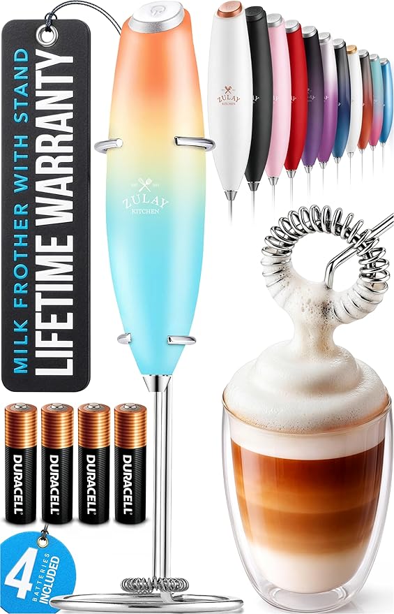 Zulay Kitchen Powerful Milk Frother Wand With 4 AA Duracell Batteries - Ultra Fast Handheld Drink Mixer - Electric Whisk Foam Maker for Coffee, Lattes, Cappuccino, Matcha & Creamer - Sunrise by ZulayKitchen