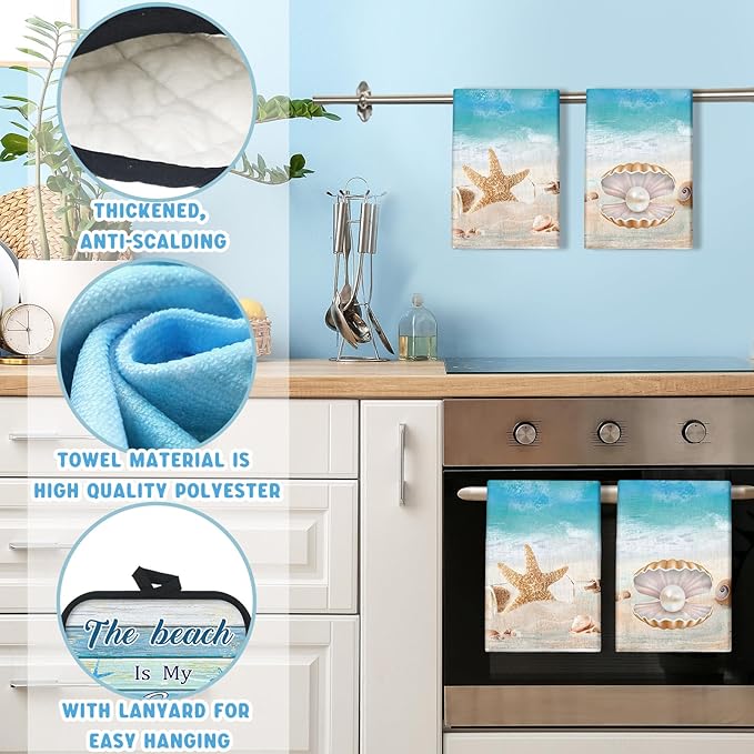 6 Pcs Summer Beach Kitchen Towels Pot Holders and Oven Mitts Set Include Coastal Dish Towel Beachy Rustic Oven Gloves Heat Resistant Potholders for Christmas Kitchen Gift - Image 3