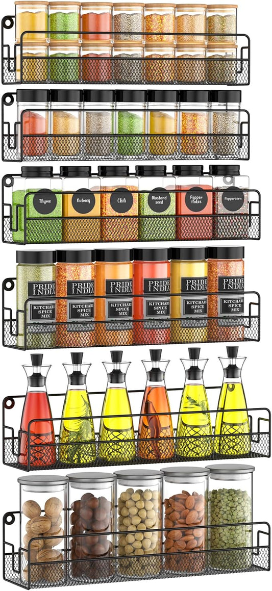 Wall Mounted Spice Rack Organizer, Pantry Door Organizer & Hanging Storage Baskets, Metal Spice Shelf for Kitchen Cabinet, 3 Depth Sizes Hold Large Jars to Nail Polish Bottles, 6 Pack
