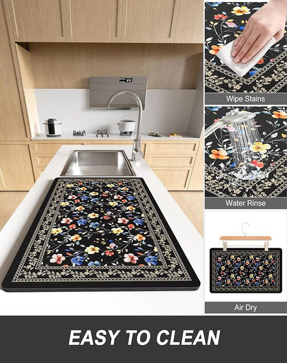 Rnivvi Dish Drying Mat for Kitchen Counter, 12 x 19" Cute Flower Theme Super Absorbent Draining Pad, Non-Slip Heat Resistant Coffee Bar Mat for Coffee Machine Station Accessories, Retro Dish Rack Pad - Image 6