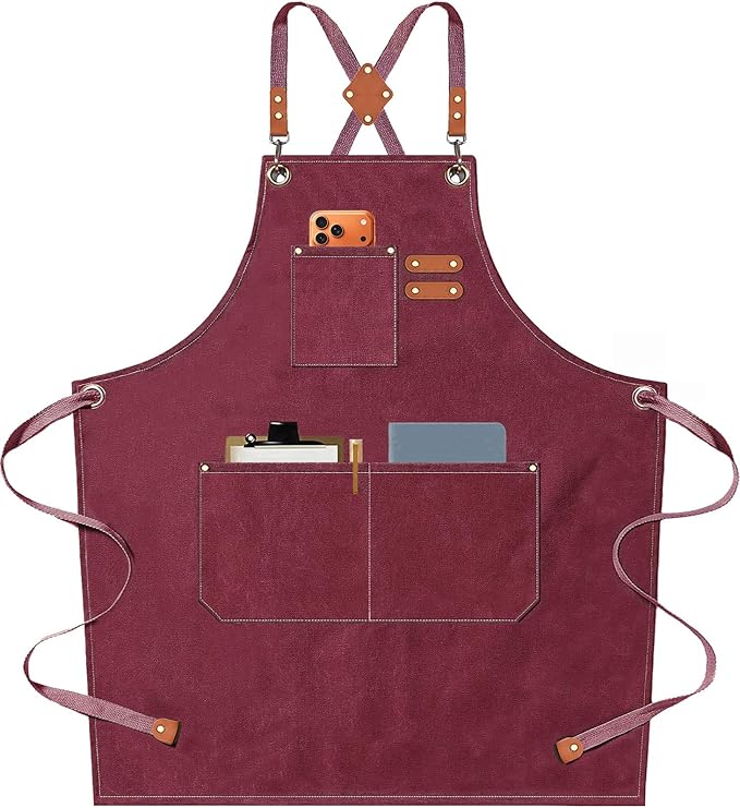 AFUN Chef Aprons for Men Women with Oversized Pockets, 16-Ounce Cotton Canvas Cross Back Heavy Duty Work Apron (Dark Red) by BringYouaFun