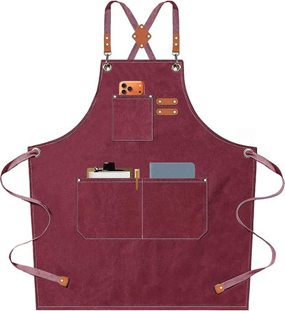 AFUN Chef Aprons for Men Women with Oversized Pockets, 16-Ounce Cotton Canvas Cross Back Heavy Duty Work Apron (Dark Red) by BringYouaFun