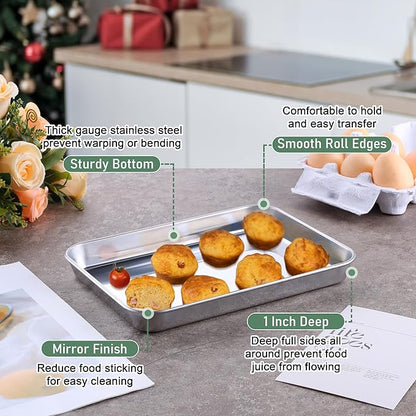 Homikit Toaster Oven Pan with Rack Set (2 Small Baking Sheets+2 Grill Racks), 9 x 7 Inch Stainless Steel Small Cookie Sheets Bacon Tray with Cooling Racks for Baking Roasting, Dishwasher Safe