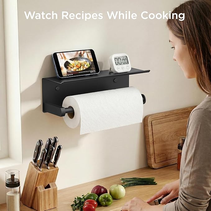 FORIOUS Paper Towel Holder with Shelf, SUS304 Stainless Steel Paper Towel Holder with Storage Shelf, Wall Mount Screw Paper Roll Organizer Commercial Paper Hand Towel Dispensers, Mattle Black - Image 3