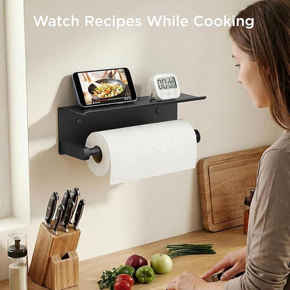 FORIOUS Paper Towel Holder with Shelf, SUS304 Stainless Steel Paper Towel Holder with Storage Shelf, Wall Mount Screw Paper Roll Organizer Commercial Paper Hand Towel Dispensers, Mattle Black - Image 3