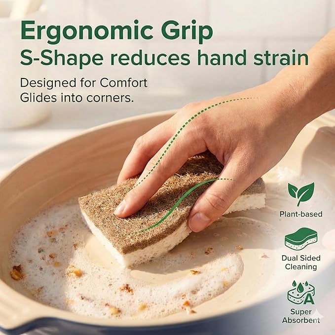 6 Pack Natural Kitchen Sponges, Compostable White Cellulose & Organic Coconut Scrubber Sponge for Washing Dishes, Kind Eco Friendly Non Toxic & Biodegradable Dishwashing Sponges - Image 5