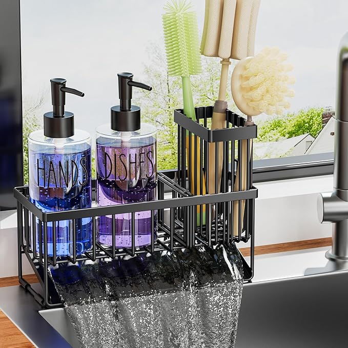 MASADI Kitchen Sink Caddy with Dish Soap Dispenser Set, 12OZ Glass Bottle, Hand and Dish Soap Dispenser Set, Non-Slip Silicone Pad, Brush Holder, Kitchen Sink Organizer Countertop (Black+Clear) - Image 6