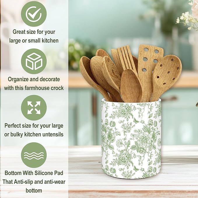 JarThenaAMCS Green Floral Ceramic Utensil Holder Vintage Flower Butterfly Utensil Crock for Home Kitchen Countertop Storage Organizer Container - Image 5