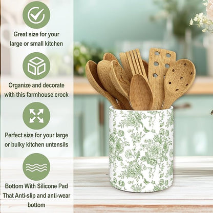 JarThenaAMCS Green Floral Ceramic Utensil Holder Vintage Flower Butterfly Utensil Crock for Home Kitchen Countertop Storage Organizer Container - Image 5