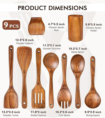 Wooden Spoons for Cooking, 9 Pcs Natural Teak Wooden Utensil Set with Spoon Rest, Comfortable Grip Wooden Cooking Utensils Set with Holder for Nonstick Cookware, Sturdy, Lightweight & Heat Resistant - Image 3