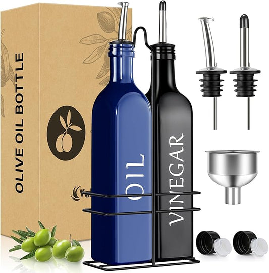 Vakoo Oil and Vinegar Dispenser Set - 17oz/500ml, Extra Thick Glass, Leak-Proof, Olive Oil Dispenser Bottle for Kitchen (Blue Black) by Vakoo
