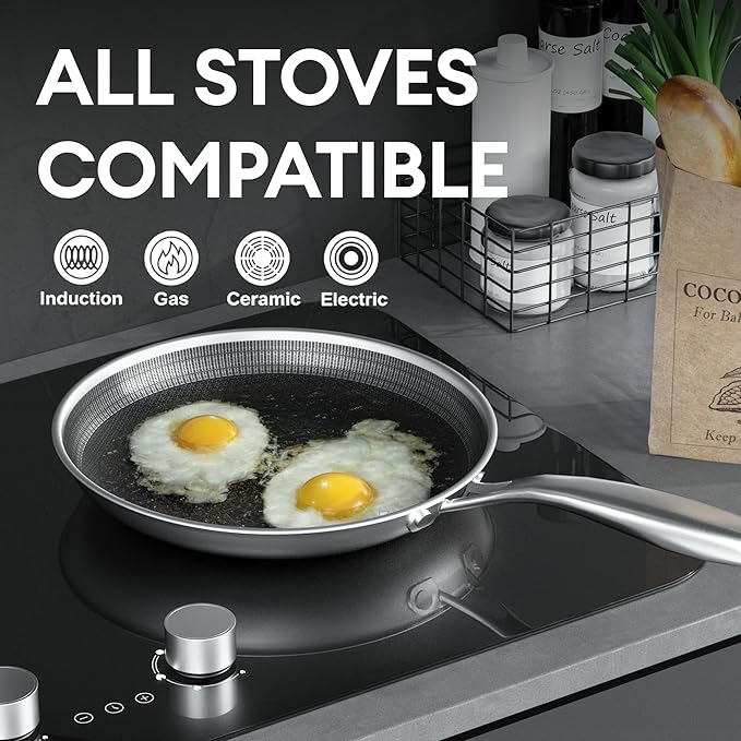 COOKER KING 8-Inch Stainless Steel Pan, Hybrid Nonstick Frying Pan, Skillet, 3-Ply Clad Cookware, Even Heat Distribution, Dishwasher & Oven Safe, with Stay-Cool Handle, Induction Compatible - Image 2