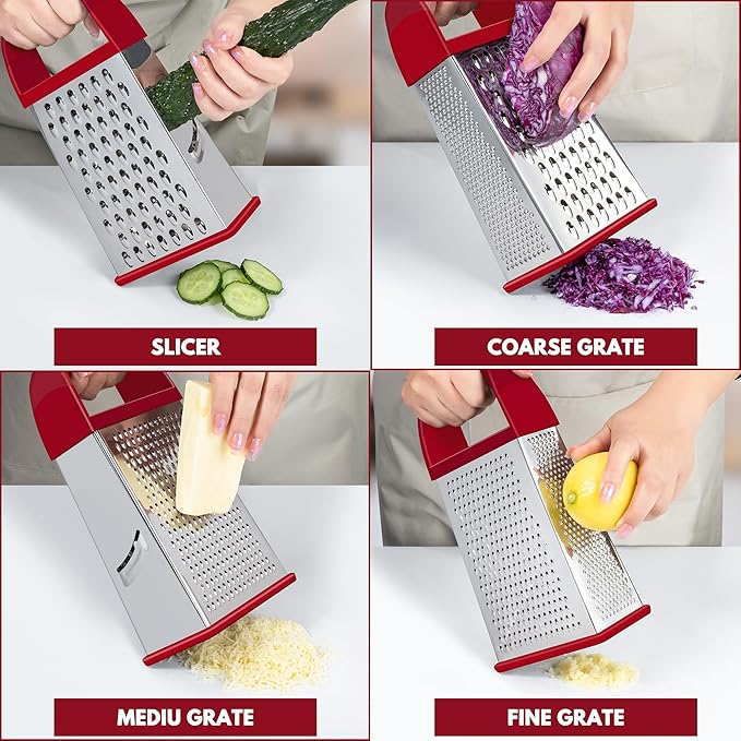 Urbanstrive Cheese Grater With Container, Professional Cheese Grater with Handle, Stainless Steel Graters for Kitchen Handheld, Box Grater with 4 Sides for Vegetables, Ginger, Potatoes (Red) - Image 3