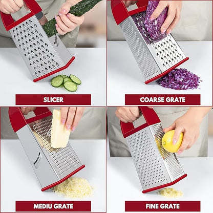 Urbanstrive Cheese Grater With Container, Professional Cheese Grater with Handle, Stainless Steel Graters for Kitchen Handheld, Box Grater with 4 Sides for Vegetables, Ginger, Potatoes (Red) - Image 3