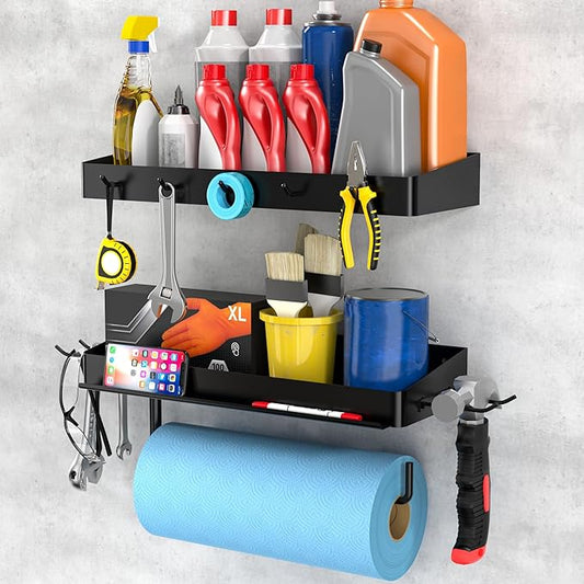 Taozun Garage Paper Towel Holder, 2 Pack Garage Organization, 12" Paper Towel Holder, Shop Shelf Wall Mount with 8 Hooks for Tool Room(Black)