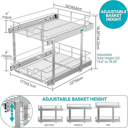2 Tier Pull Out Cabinet Organizer 18" W X 22" D, Slide Out Drawers For Kitchen Cabinets, Pull Out Drawers For Cabinets Capacity Heavy Duty Caddy, Cabinet Pullout Shelves Chrome-Plated,Bathroom Pantry - Image 2