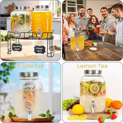 Glass Drink Dispensers For Parties, 2 PACK 1 Gallon Beverage Dispenser With Stand And Spigot Leak proof. Lemonade Dispenser With Ice Cylinder and Chalk board - Image 4