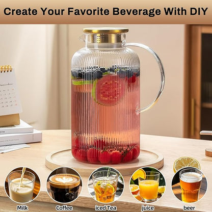 Buaic Glass Pitcher with Lid, 100 oz/ 3 Liter Classic Vertical Stripes Water Pitcher,Glass Water Carafe for Cold Brew, Coffee, Lemonade, Iced Sun Tea,Beverage, Milk, Heat Resistant
