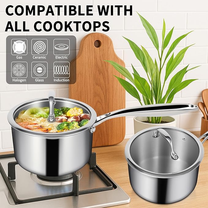 EWFEN 3 Ply Stainless Steel Sauce Pan Set with Lids, 1 & 2 Quart Multipurpose Cooking Pot, Stay-Cool Handle, Induction Oven Dishwasher Safe, 1QT & 2QT - Image 3