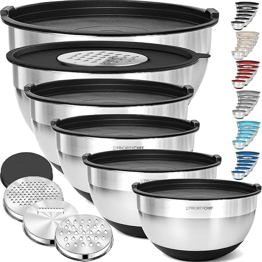 Priority Chef 6Pc Large Mixing Bowls With Lids Set with Non-Slip Bases, Stainless Steel Mixing Bowl Set, 6 Airtight Lids and 3 Graters, Black by PriorityChef