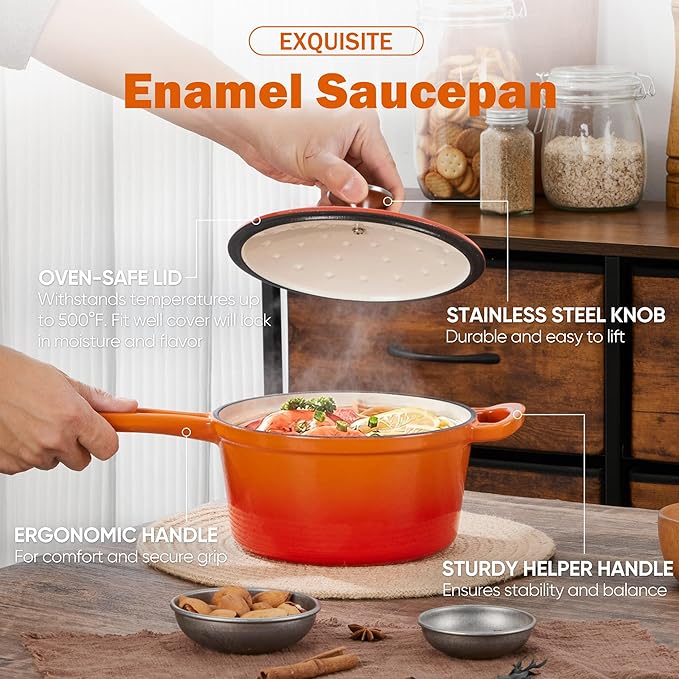 Homikit Small Cast Iron Pot, 1 QT Enameled Cast Iron Sauce Pan with Lid, Heavy Duty Enamel Dutch Oven Kitchen Cookware for Making Pasta, Boiling Soup, Warming Milk, Nonstick & Oven Safe, Flame Orange