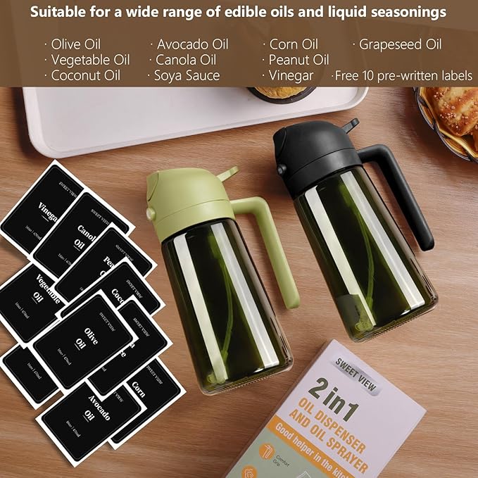 SWEET VIEW Olive Oil Dispenser and Oil Sprayer – 16oz/470ml Glass Light-Proof Oil Pourer for Kitchen, Air Fryer, Cooking, Salad, and BBQ - Image 7