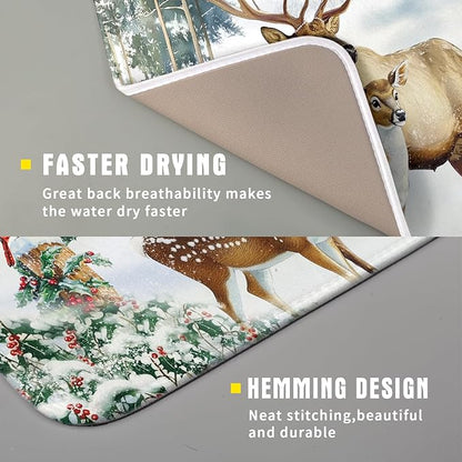 Giwawa Winter Deer Dish Drying Mat 16"x18" Xmas Tree Bird Holly Berry Dish Drainer Mats Elk Moose Snow Cottage Farmhouse Reversible Small Dish Drying Pad Protector for Kitchen Countertop Decor