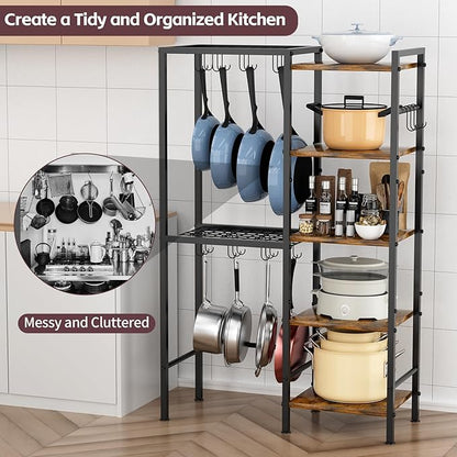 5-Tier Pot and Pan Organizer Rack with Hooks, Heavy-Duty Kitchen Storage Shelf for Cookware, Dishes, and Utensils, Freestanding Metal Pot Rack Organizer for Kitchen, Pantry, or Dining Room - Image 2