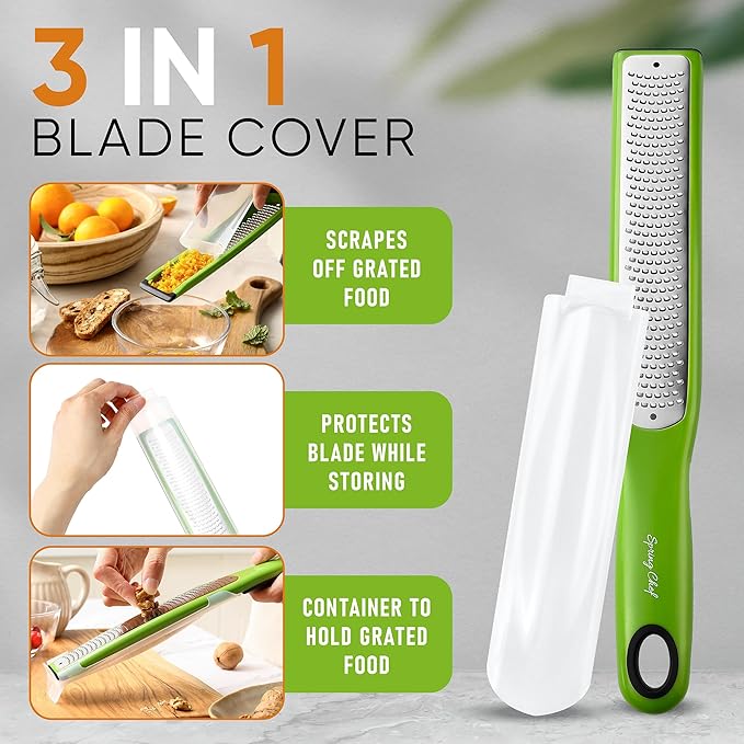 Spring Chef Premium Lemon Zester Grater with Handle - Orange, Garlic, Ginger, Nutmeg, Cheese Grater- Handheld Sharp Kitchen Tool - Stainless Steel Citrus Zester with Blade Cover - Fine Shred, Green - Image 4