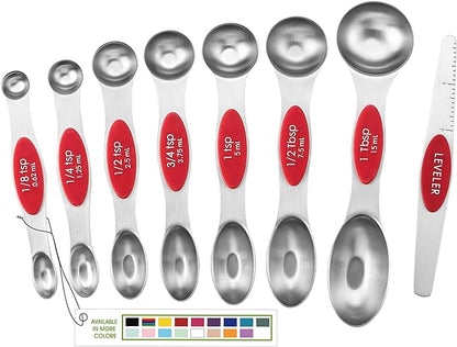 Spring Chef Red Stainless Steel Magnetic Measuring Spoons Set of 8 with Leveler, Dual Sided Nesting Teaspoon & Tablespoon Measuring Spoons, Kitchen Gadgets for Baking & Cooking, Fits in Spice Jars by SpringChef