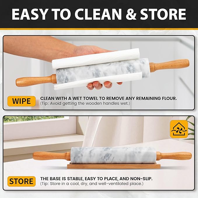16.7 Inches Marble Rolling Pin for Baking with Wooden Handles & Wooden Cradle - Rolling Pin for making Pizza Dough & Tortillas, Dough Roller for Pasta, Cookie, Pie Crust and More! - Image 6
