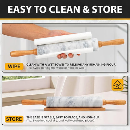 16.7 Inches Marble Rolling Pin for Baking with Wooden Handles & Wooden Cradle - Rolling Pin for making Pizza Dough & Tortillas, Dough Roller for Pasta, Cookie, Pie Crust and More! - Image 6