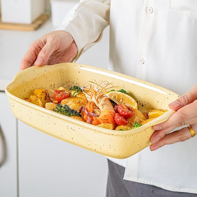 Casserole Dish Set of 3,Lasagna Pan,Ceramic Bakeware for Oven,Rectangular Baking Dishes with Handles,High Heat Resistant,Colorful Speckle Stoneware Series (13.8''/12''/9.6''Yellow) - Image 3