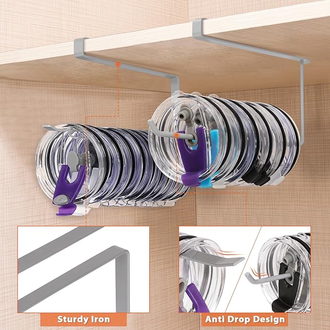 2 Pack Tumbler Lid Organizer, Horizontal Tumbler Lid Storage Hook Up to 20 Lids, Space Saving Cup Lid Holder Under Cabinet Tumbler Lid Hook for Kitchen Organizer, Paper Towel Hanger(Round&Flat, Grey) - Image 4